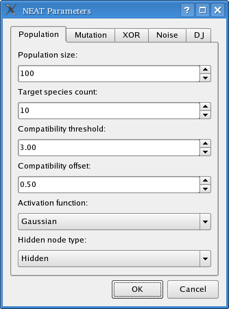 parameters Dialog window for changing NEAT parameters.
